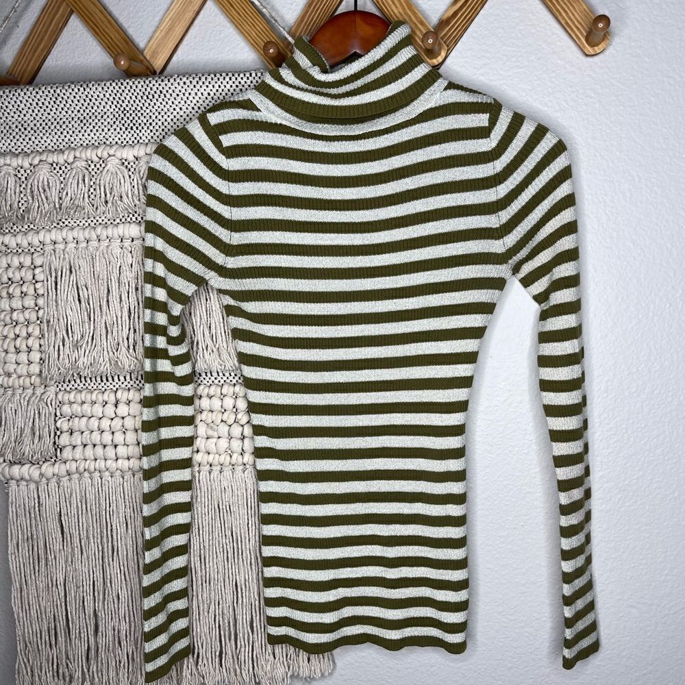 Love by Design Green Striped Glittery Turtleneck Medium